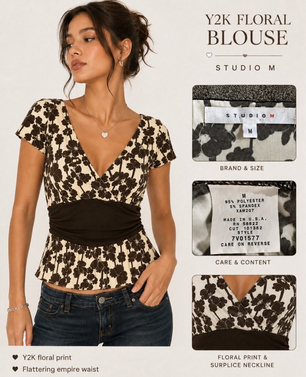 Y2K Babydoll Studio M Women's Surplice Peplum Blouse Size M Brown Floral Girly